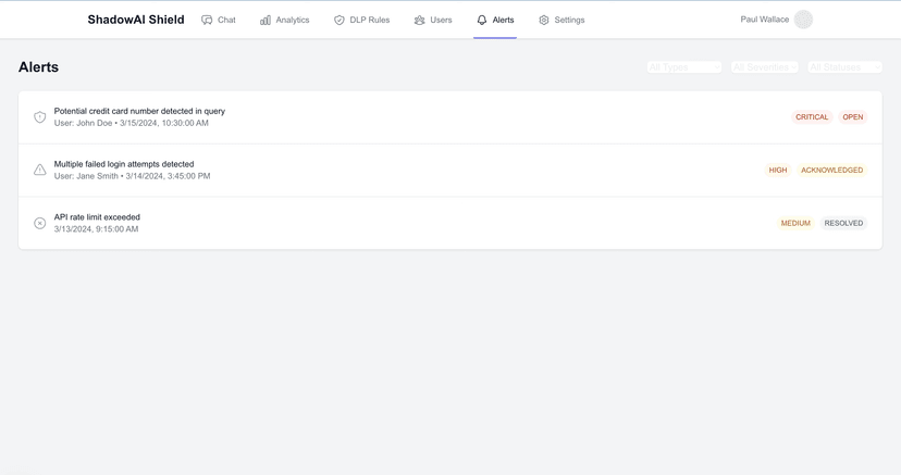 ShadowShield AI Security Alerts Dashboard